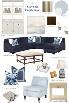 Natural textures, chinoiserie accents, and a blue and white palette create a cozy yet chic family room!