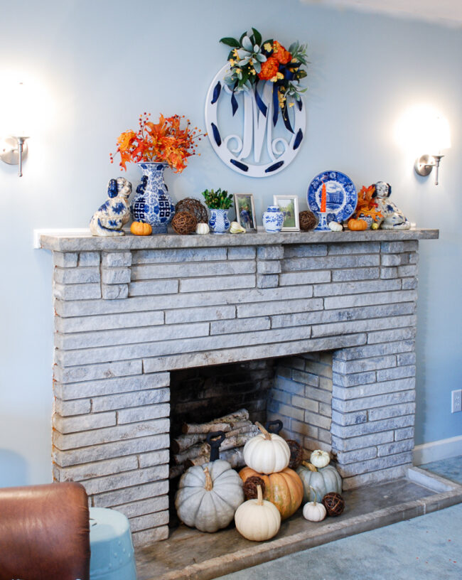 Blue And White Mantel Decor Fall To Christmas Pender Peony A