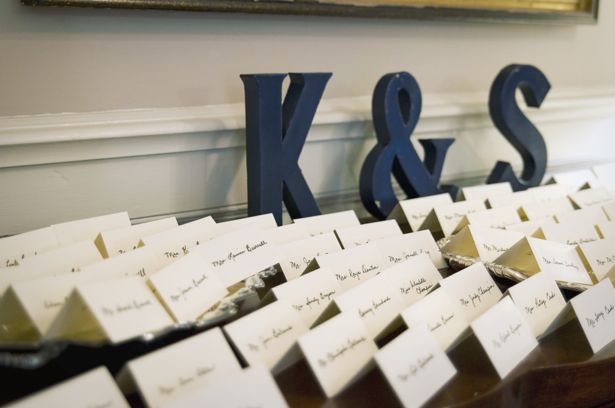 Couple monogram decorates seating card display at this Southern wedding.