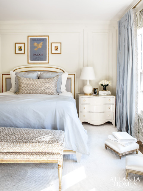 Again, I am really into this pale blue and creamy white. Plus, I love the fabric print and headboard here. Image via Atlanta Homes & Lifestyles