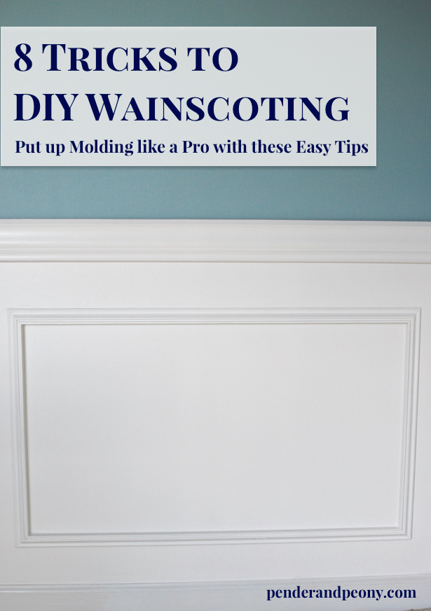 Aqua blue wall with white chair rail and wainscoting behind text overlay: Tricks to DIY Wainscoting.