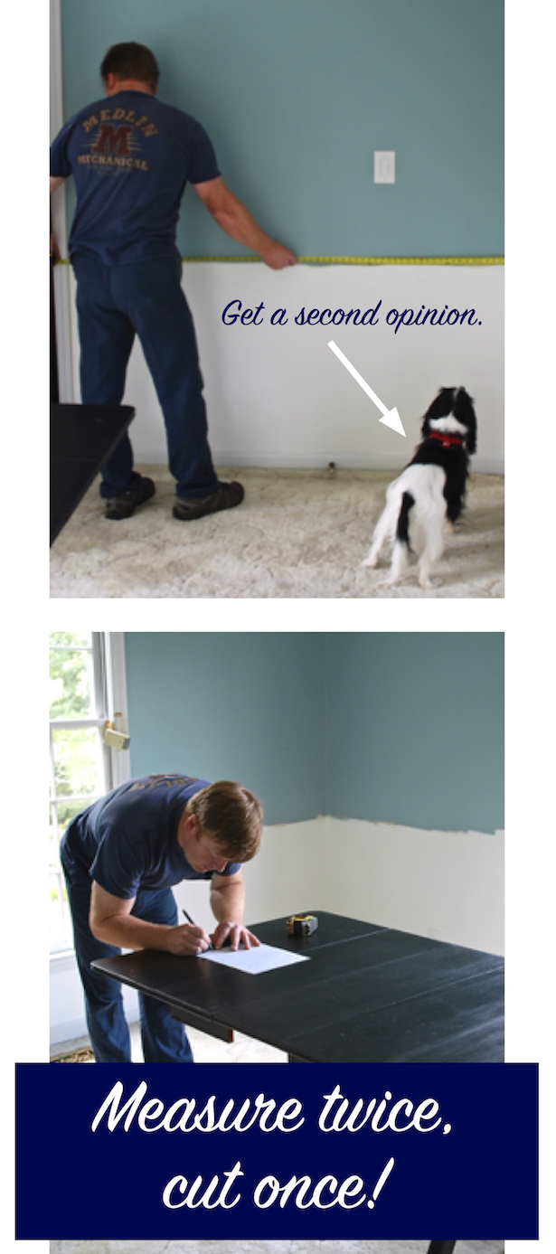 Man and dog measure wall and man writes on table in this how to Tricks to install DIY Wainscoting