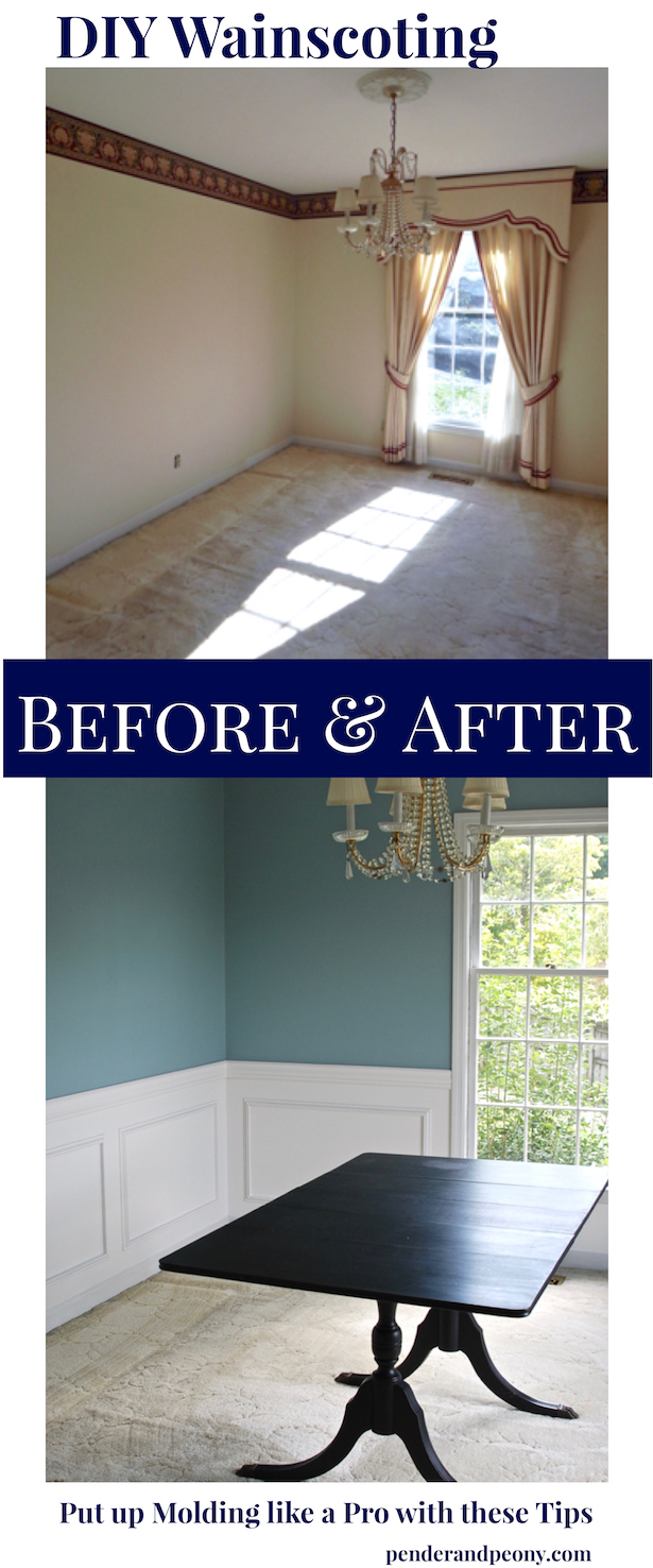 Dining Room Before and After Wainscoting. Get the tips for putting up molding like a pro on penderandpeony.com