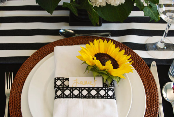 Black and White Themed Tablescape with Sunflowers