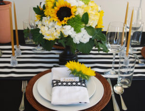Black and White Themed Tablescape with Sunflowers