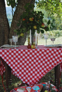 Feel inspired by this rustic and refined orchard tablescape. Set the table for two with elegant tableware and rustic elements. Use apples as your centerpiece.