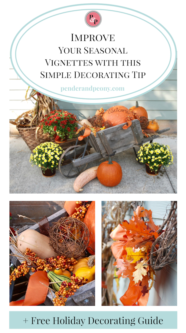 Pumpkins and gourds in this vintage wagon are a perfect fall vignette. Learn my tip to improving your seasonal vignettes + get the free holiday decorating guide!