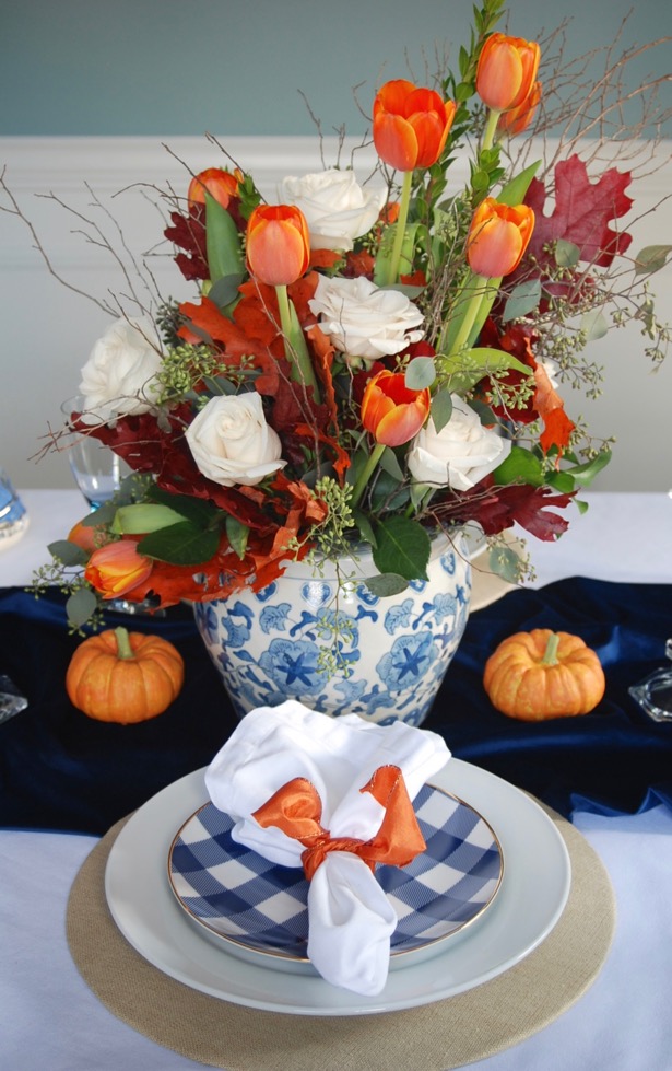 DIY Fall Centerpiece  Blue And Orange Fall Centerpiece