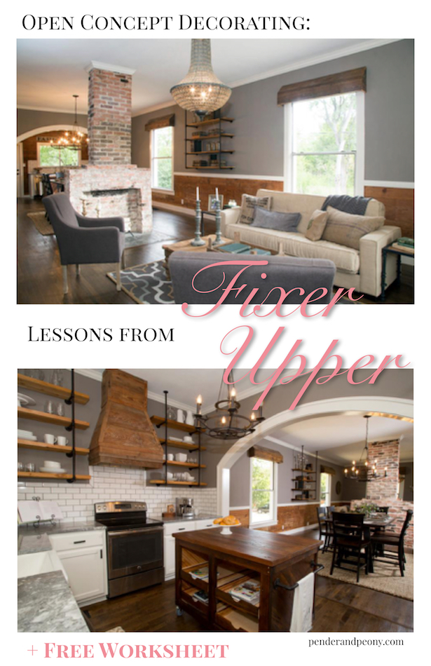 Open concept decorating tips from Fixer Upper. Worksheet to help you decorate your open floor plan.