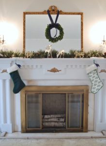 My Southern Christmas home and mantle with pine and boxwood garland and boxwood wreath