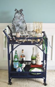 My Southern Christmas bar cart in blue, green, and plaid