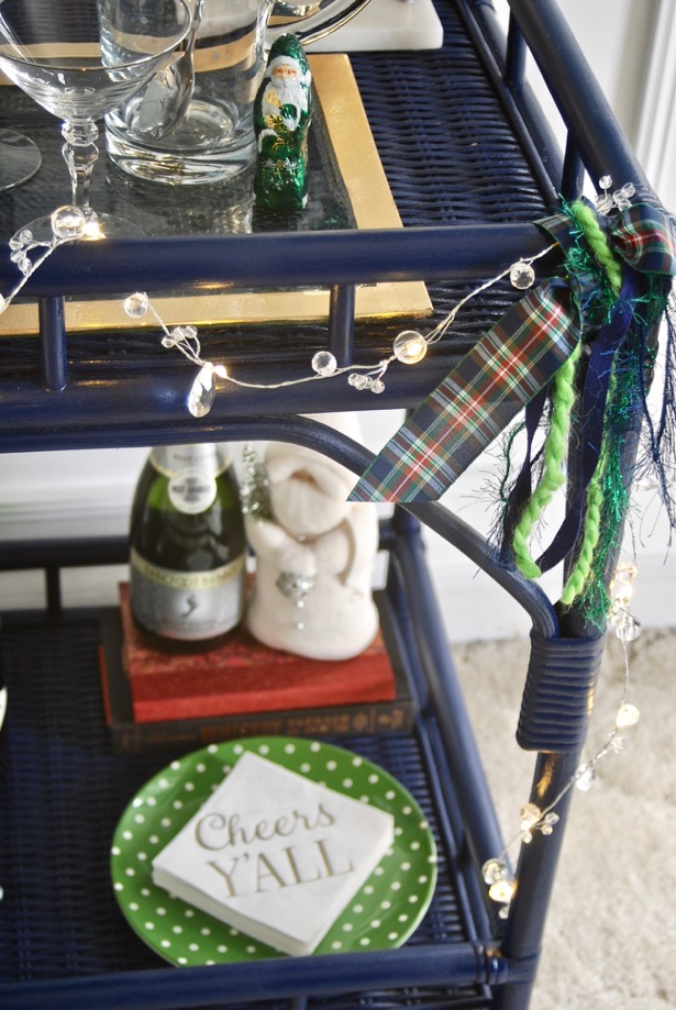 My Southern Christmas bar cart in blue, green, and plaid