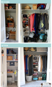 Create an organized entryway with these tips from my coat closet makeover. Check out the before and afters