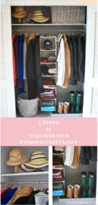 Use these 5 steps to makeover your entryway closet and create organization. Check out the before and after photos of my closet makeover.