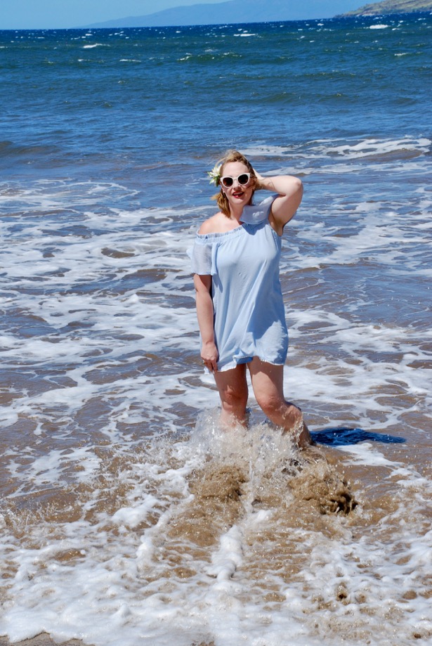 A gorgeous off-the-shoulder blue dress perfect for date night dinner or playing in the surf