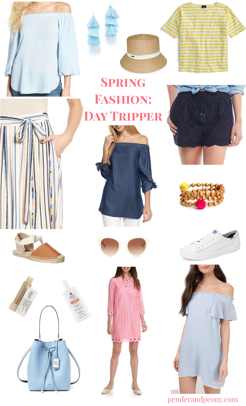 Incorporate these spring fashion trends on your next vacay: eyelet, pastels, white sneakers, off-the-shoulder!