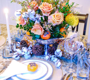 Set an elegant Thanksgiving table with traditional flair this year adorned with romantic roses, pineapples, cotton, sterling silver, and brocade table linens!