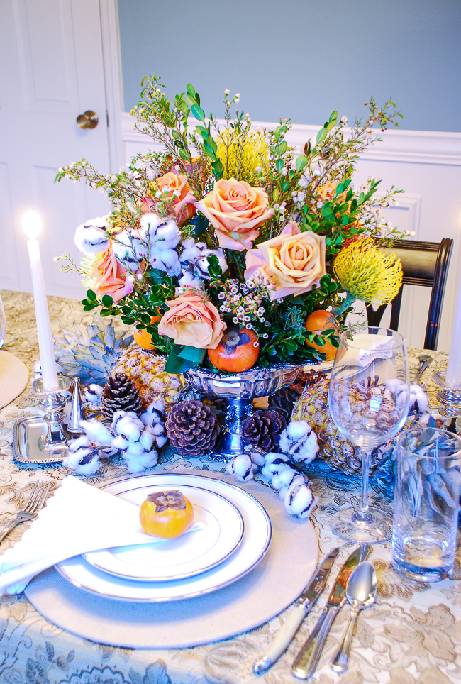 Set an elegant Thanksgiving table with traditional flair this year adorned with romantic roses, pineapples, cotton, sterling silver, and brocade table linens!