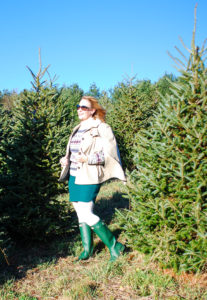 A vintage ski sweater, green hunters, wool mini, and trench cape make this the perfect preppy holiday outfit for a picnic on the tree farm!