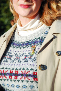 This vintage ski sweater and Rudolph pin make my preppy holiday outfit complete!