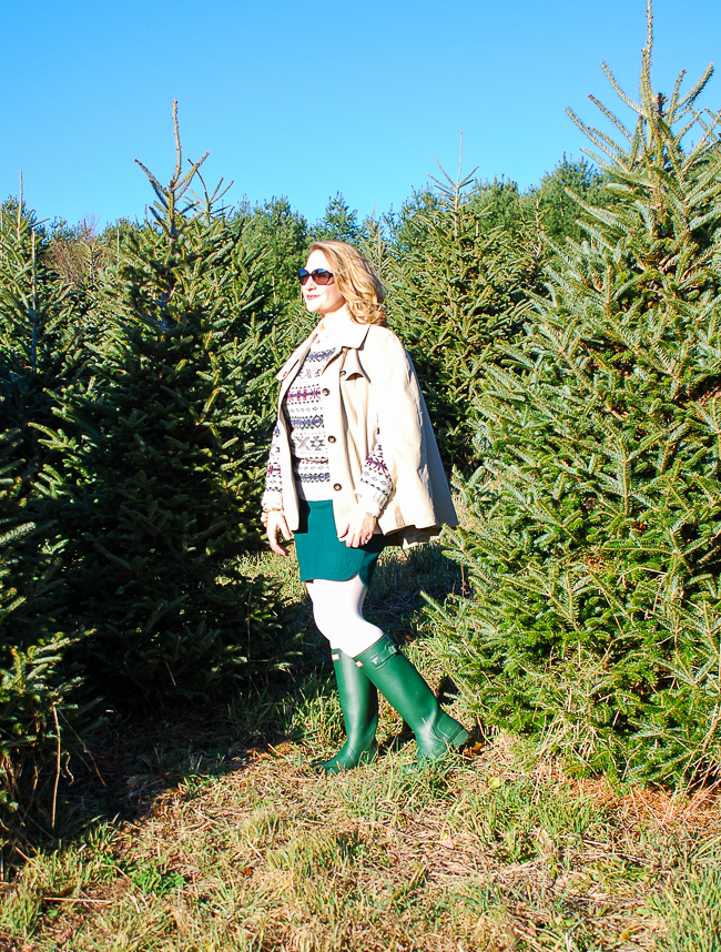 A vintage ski sweater, green hunters, wool mini, and trench cape make this the perfect preppy holiday outfit for a picnic on the tree farm!