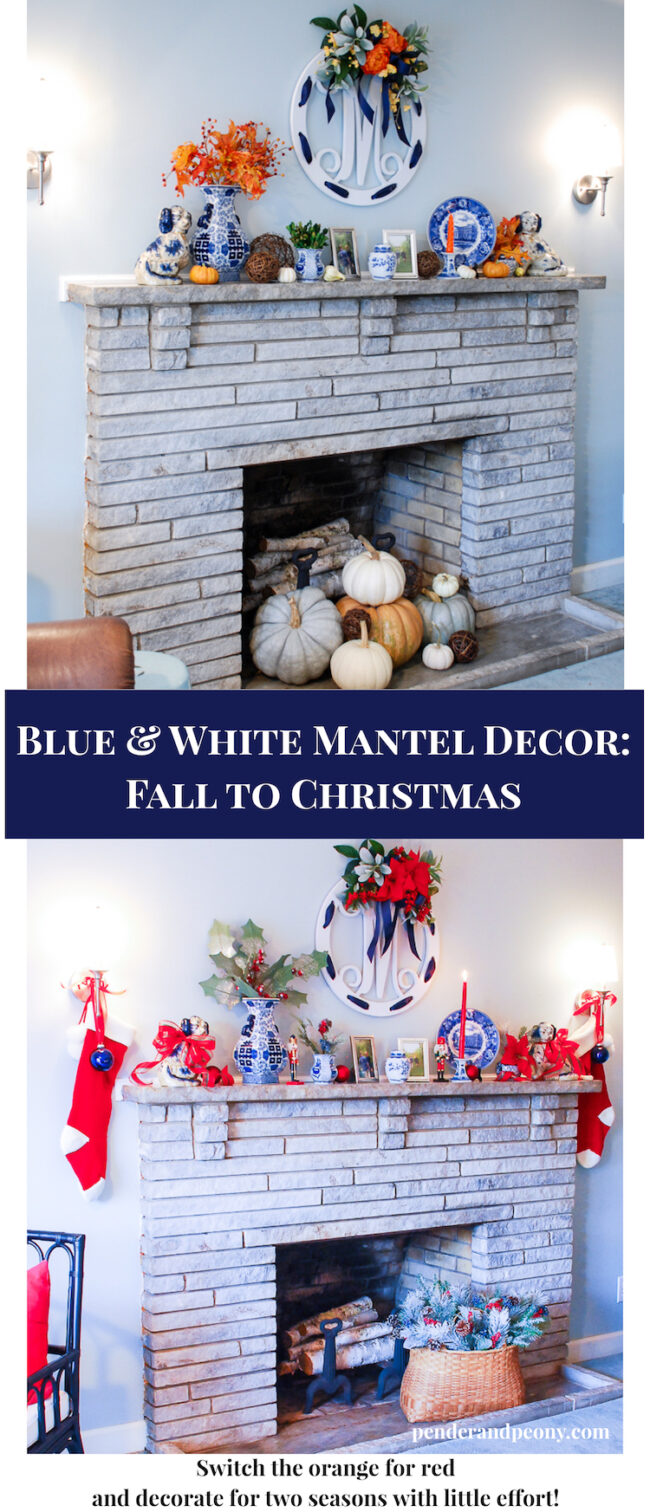 Blue and White Mantel Decor: Fall to Christmas – Pender &amp; Peony