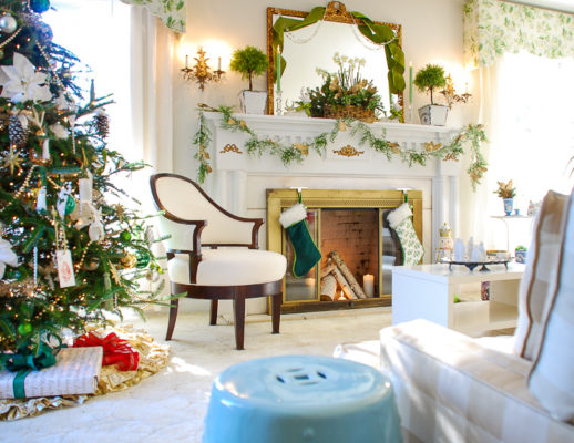 Poinsettia, juniper, paper whites, velvet ribbon, and gold accents mingle merrily in my green & gold Christmas living room!