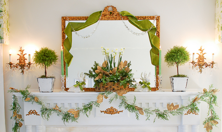 Poinsettia, juniper, paper whites, velvet ribbon, and gold accents mingle merrily in my green & gold Christmas living room!