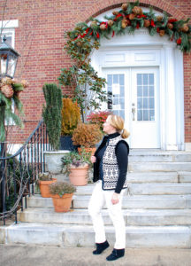 Two looks with this fair isle sweater vest in classic black and white for chic everyday wear that will keep you toasty on these cold January days! #casuallook #sweatervest #fairisle #chicstyle #blackandwhite #talbots