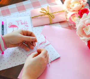 You tickle me pink free printable flamingo Valentine card and DIY envelope tutorial with coloring card option.