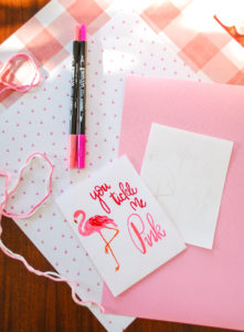 You tickle me pink free printable flamingo Valentine card and DIY envelope tutorial with coloring card option.