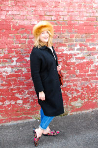 All the promise of fashion - winter outfit with fur hat - just because #foxfur #vintagewoolcoat #cashmere #boyfriendjeans #mules