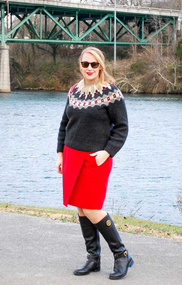 red skirt winter outfit