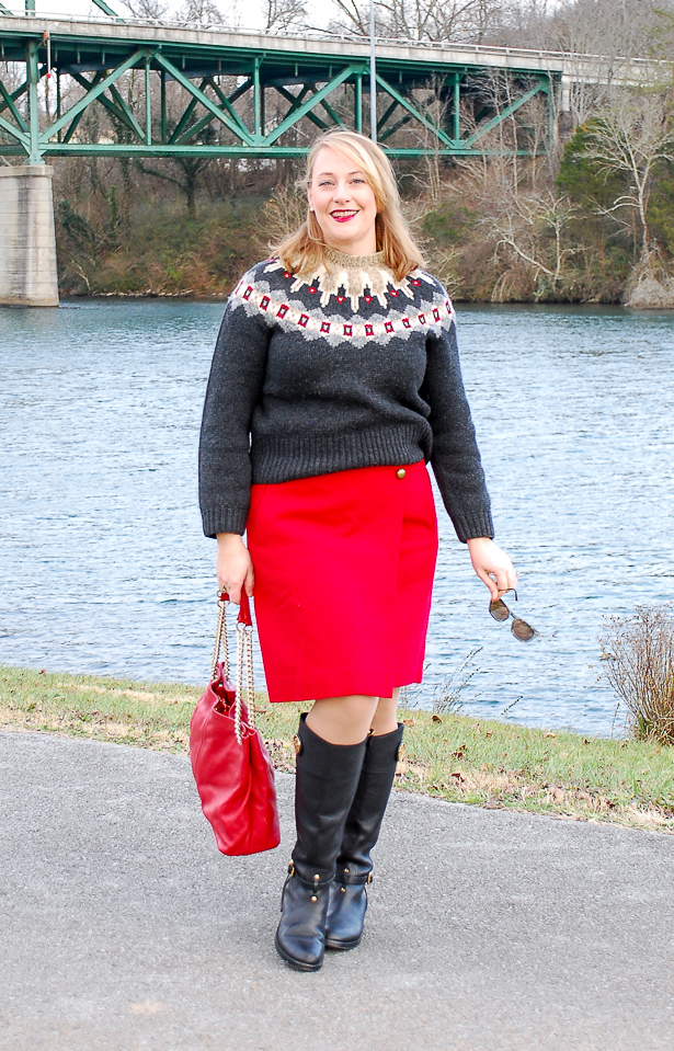 Wrap yourself in a stylish wool on wool outfit to beat the bitter winter weather. #winteroutfit #redskirt #fairislesweater #modernclassicstyle