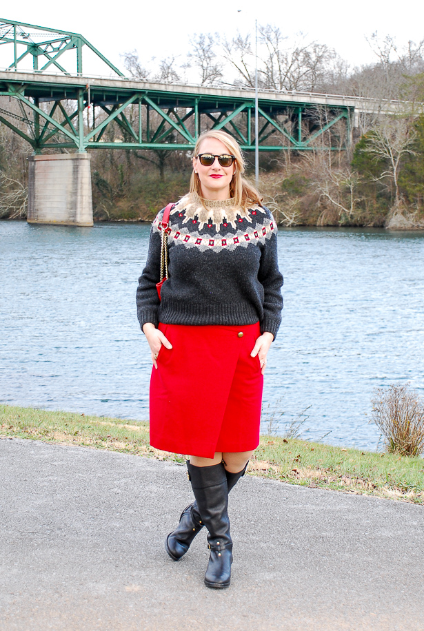 red skirt winter outfit