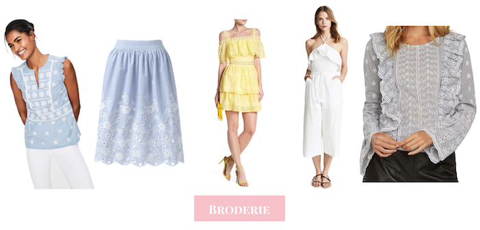 The spring fashion essentials you need for a bright, stylish spring: polka dots, espadrilles, blue and white stripes, chambray, blush sneakers, cozy wraps, ruffles, broderie.