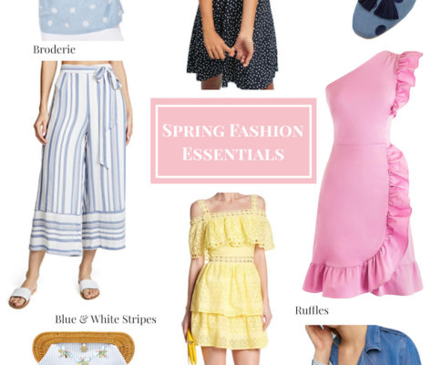 The spring fashion essentials you need for a bright, stylish spring: polka dots, espadrilles, blue and white stripes, chambray, blush sneakers, cozy wraps, ruffles, broderie.