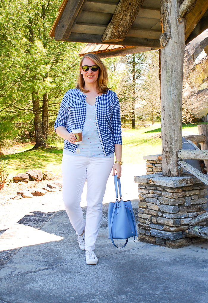 The perfect spring outfit pairing in blue and white: gingham cardis & ladybug tees!