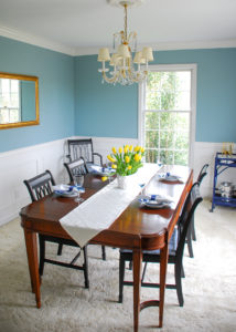 Blue dining room after DIY crown molding installation