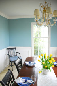 Blue dining room after DIY crown molding installation