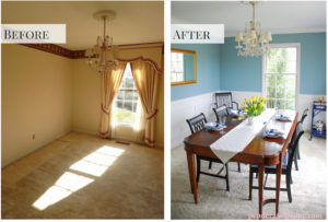 before and after of dining room with DIY crown molding