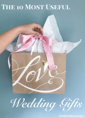Useful wedding gifts - wrapped in pretty gift bag with pink bow