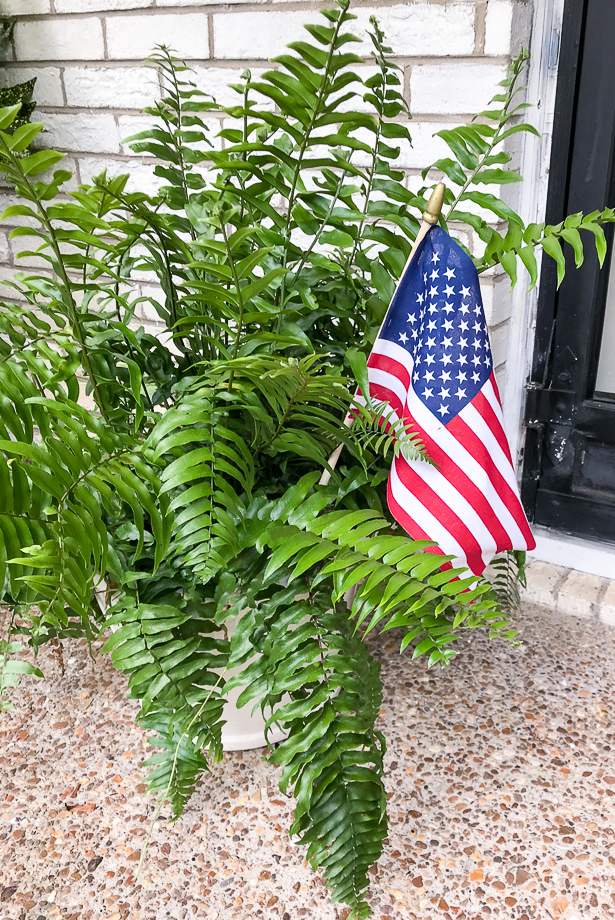 Patriotic fern with American flag for 4th of July decor at front door