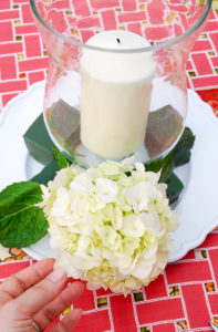 Step 5 to create hydrangea centerpiece - cut stems down and stick in floral foam