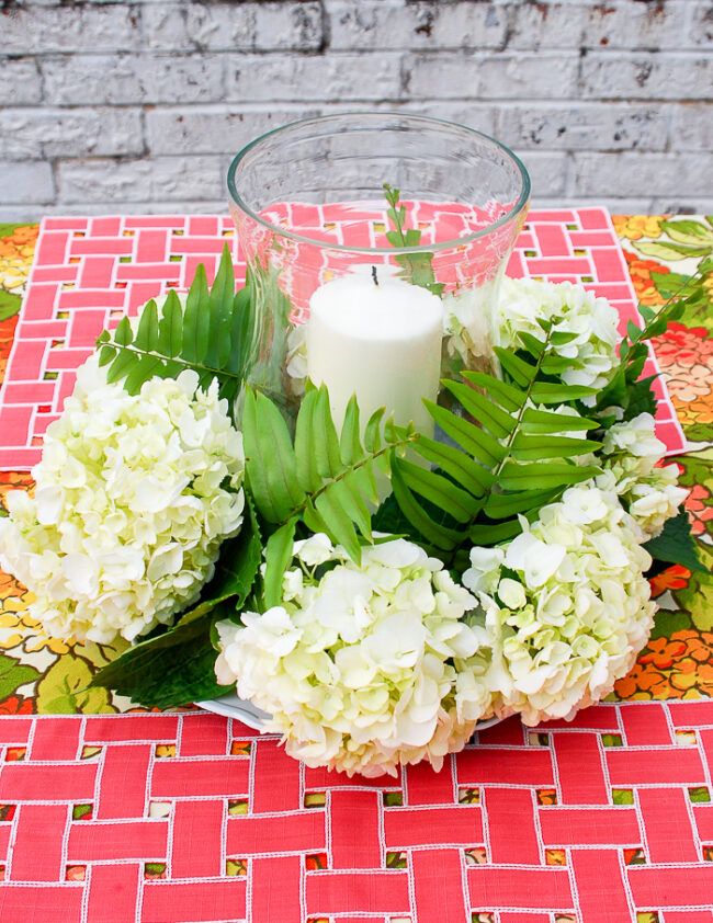 Hydrangea Centerpiece with Hurricane Lantern Pender & Peony A