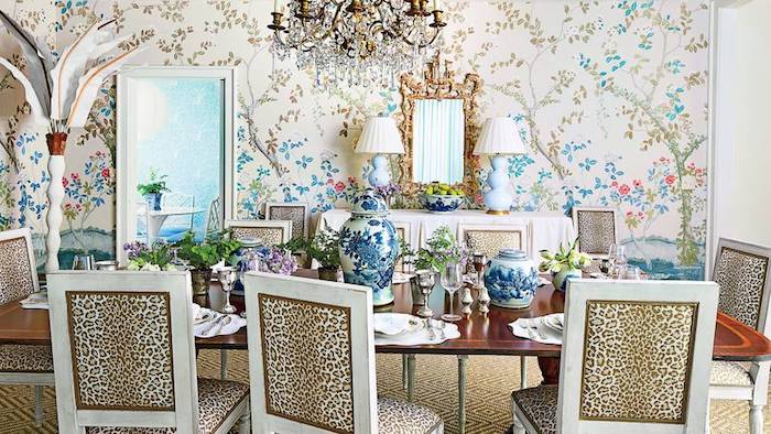 Chinoiserie Chic dining room with layers of pattern, texture, and decor.