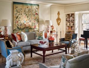 Chinoiserie Chic living room with pops of intense color