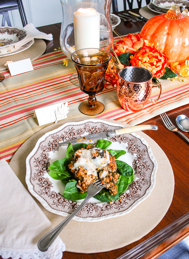 Fall table with sausage stuffed portobello mushrooms for dinner. Delicious fall recipe!