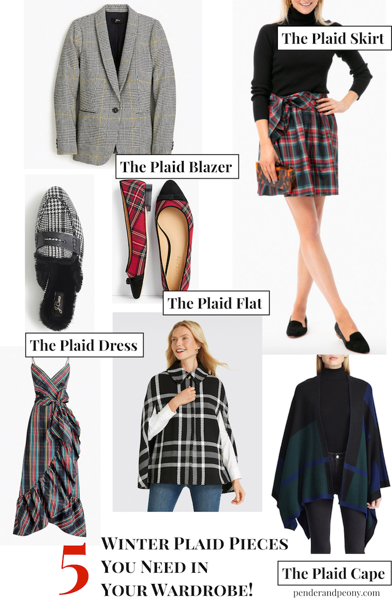 Collage of the 5 winter plaid pieces you need to add to your wardrobe: plaid skirts, blazers, capes, flats, and holiday dresses