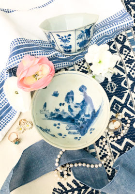 Get the Chinoiserie chic look with blue and white porcelain like this bowl for a jewelry catchall